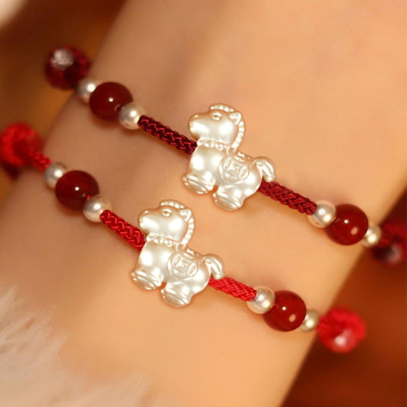 Buddha Stones 999 Sterling Silver Red Agate Year Of The Horse Prosperity String Bracelet