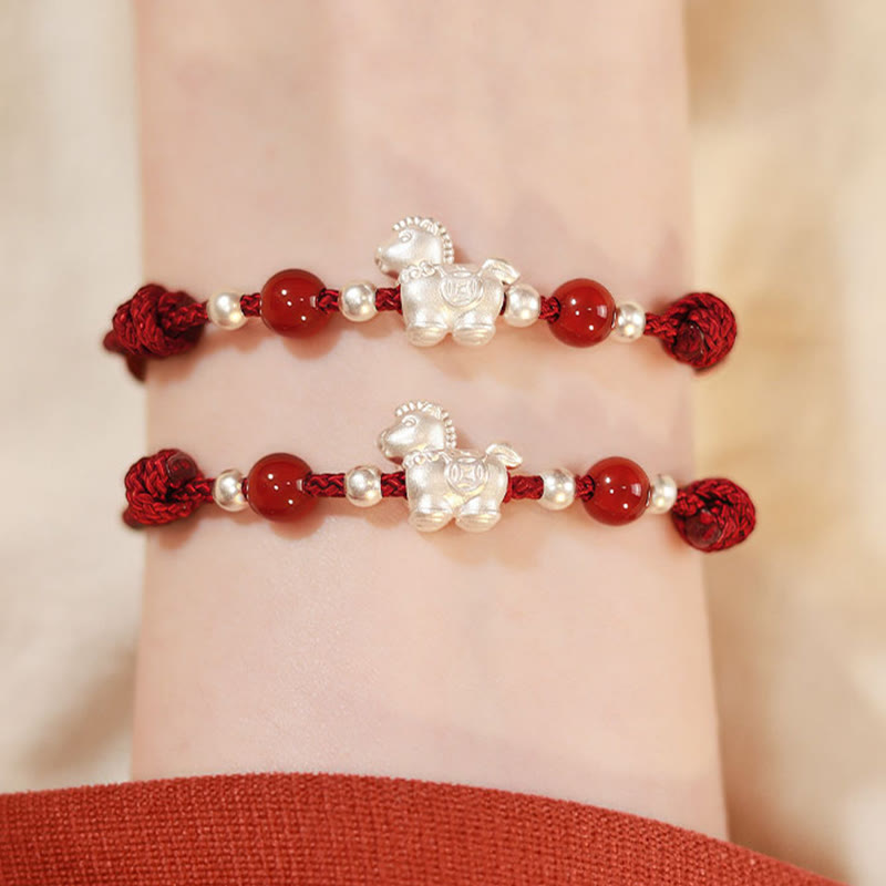 Buddha Stones 999 Sterling Silver Red Agate Year Of The Horse Prosperity String Bracelet
