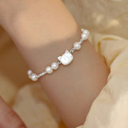 Buddha Stones Pearl Cat Head Tridacna Stone Silver Healing Bracelet