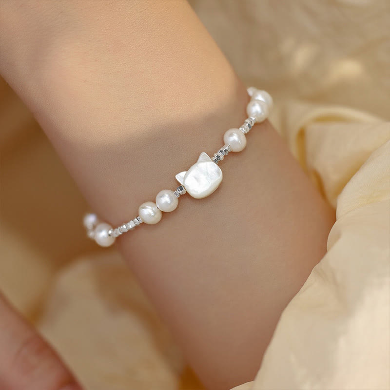 Buddha Stones Pearl Cat Head Tridacna Stone Silver Healing Bracelet