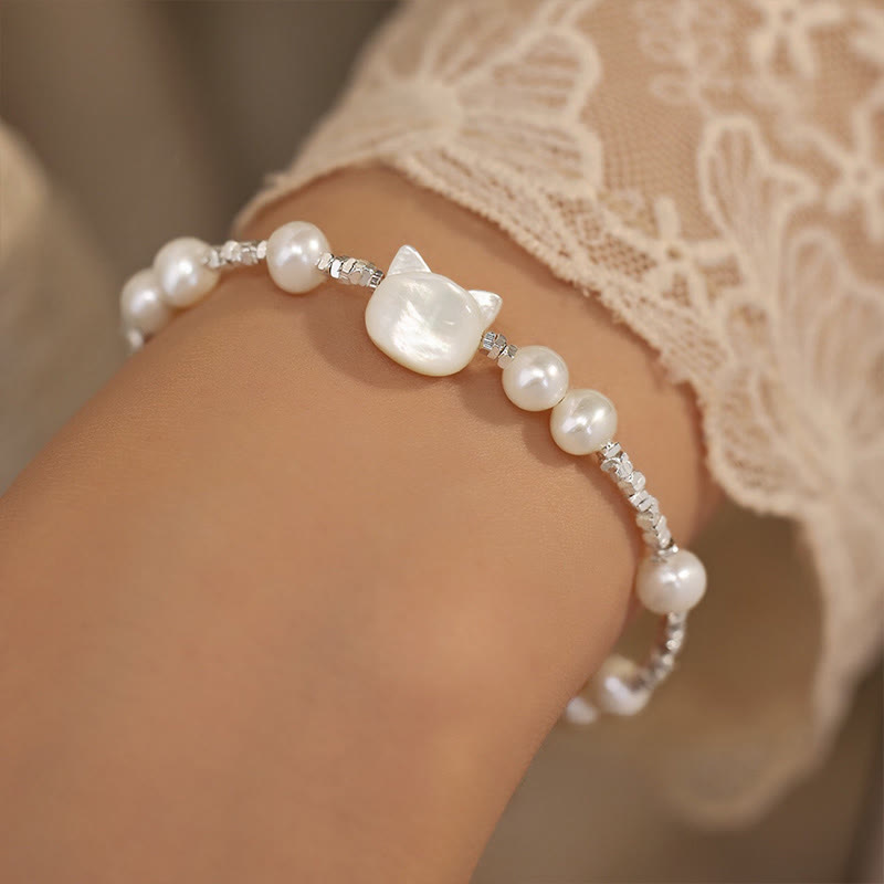 Buddha Stones Pearl Cat Head Tridacna Stone Silver Healing Bracelet