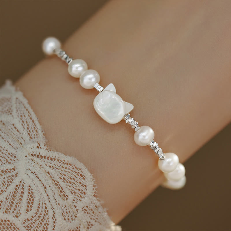 Buddha Stones Pearl Cat Head Tridacna Stone Silver Healing Bracelet