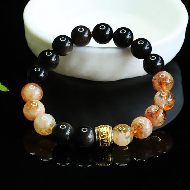 Buddha Stones Om Mani Padme Hum Silver Sheen Obsidian Citrine Protection Bracelet