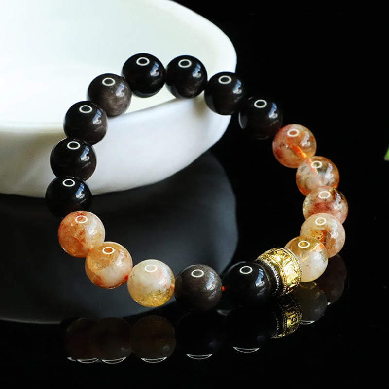 Buddha Stones Om Mani Padme Hum Silver Sheen Obsidian Citrine Protection Bracelet