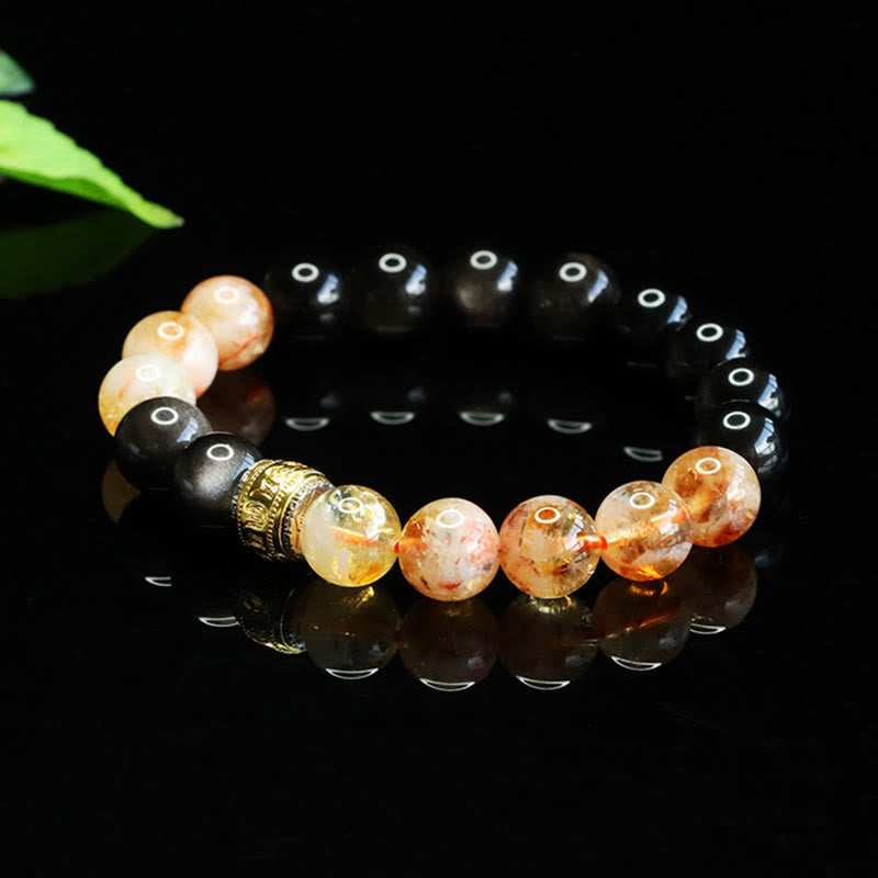 Buddha Stones Om Mani Padme Hum Silver Sheen Obsidian Citrine Protection Bracelet
