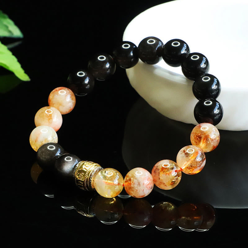 Buddha Stones Om Mani Padme Hum Silver Sheen Obsidian Citrine Protection Bracelet