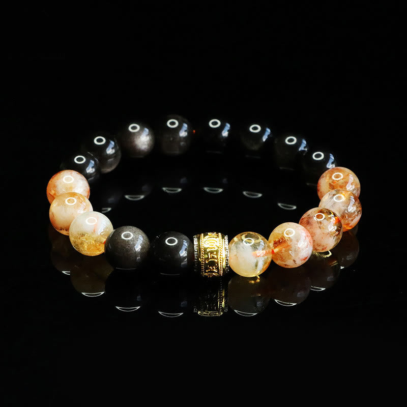 Buddha Stones Om Mani Padme Hum Silver Sheen Obsidian Citrine Protection Bracelet