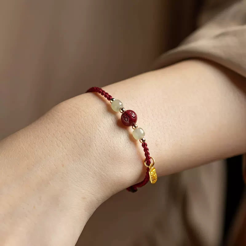 Buddha Stones Fu Character Hetian Jade Bead Om Mani Padme Hum Cinnabar Red String Prosperity Bracelet