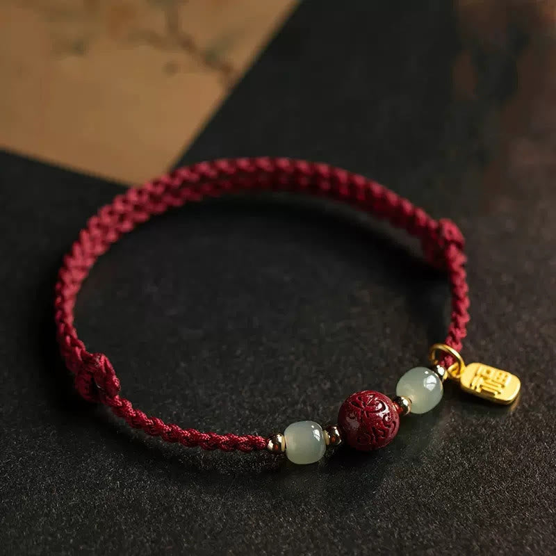 Buddha Stones Fu Character Hetian Jade Bead Om Mani Padme Hum Cinnabar Red String Prosperity Bracelet