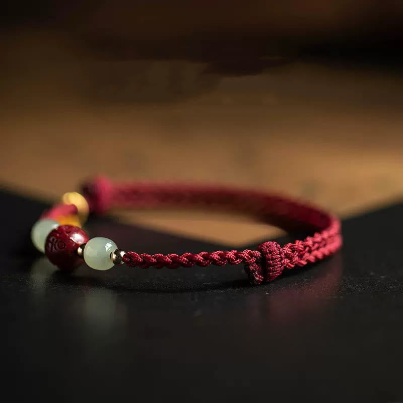 Buddha Stones Fu Character Hetian Jade Bead Om Mani Padme Hum Cinnabar Red String Prosperity Bracelet