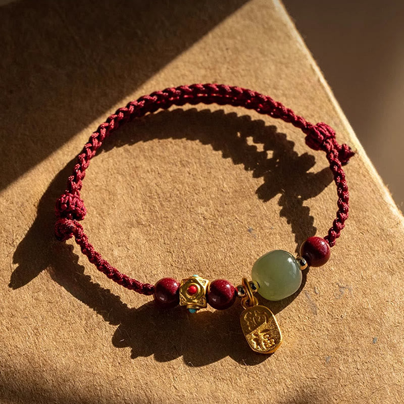 Buddha Stones Lucky Fortune Charm Hetian Cyan Jade White Jade Multicolored Braided String Prosperity Bracelet