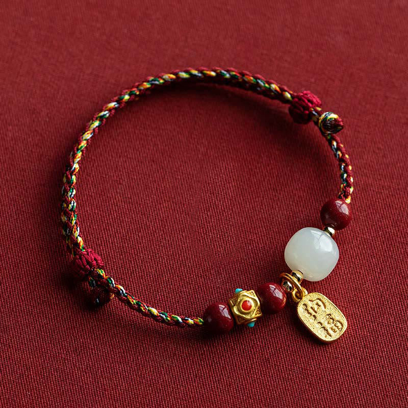 EverestArtstudios Lucky Fortune Charm Hetian Cyan Jade White Jade Multicolored Braided String Prosperity Bracelet