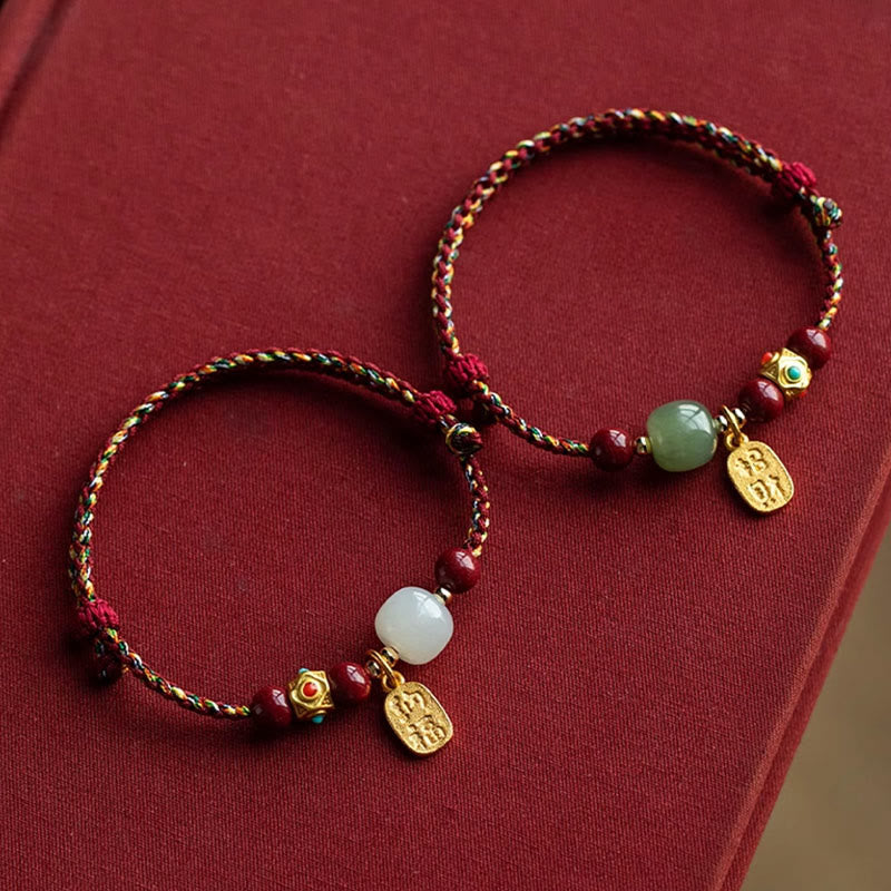Buddha Stones Lucky Fortune Charm Hetian Cyan Jade White Jade Multicolored Braided String Prosperity Bracelet