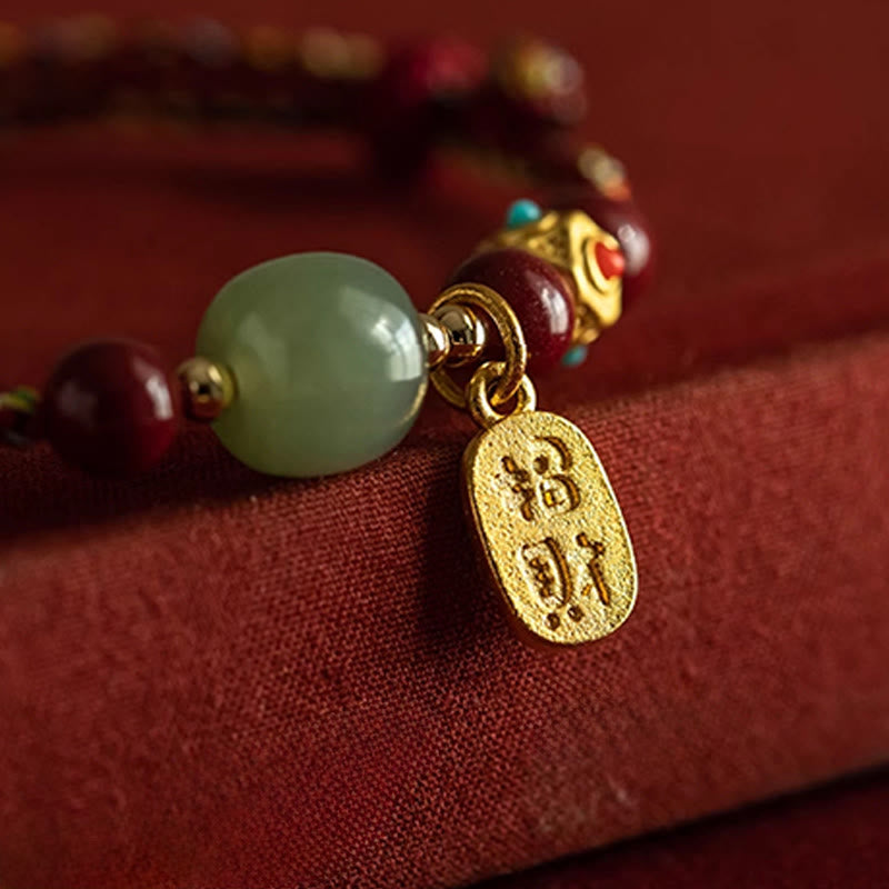 Buddha Stones Lucky Fortune Charm Hetian Cyan Jade White Jade Multicolored Braided String Prosperity Bracelet