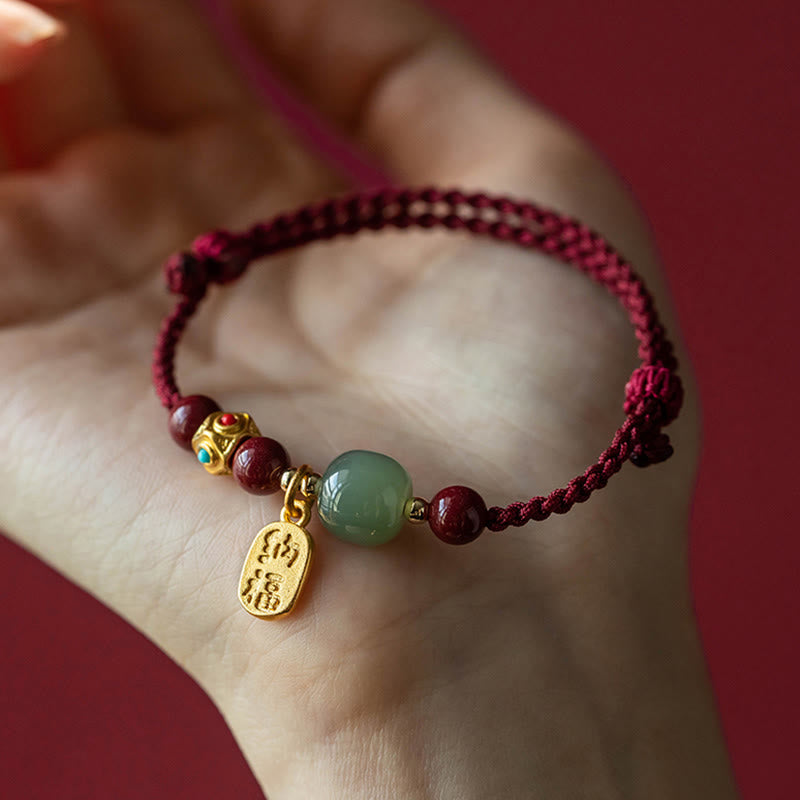 Buddha Stones Lucky Fortune Charm Hetian Cyan Jade White Jade Multicolored Braided String Prosperity Bracelet