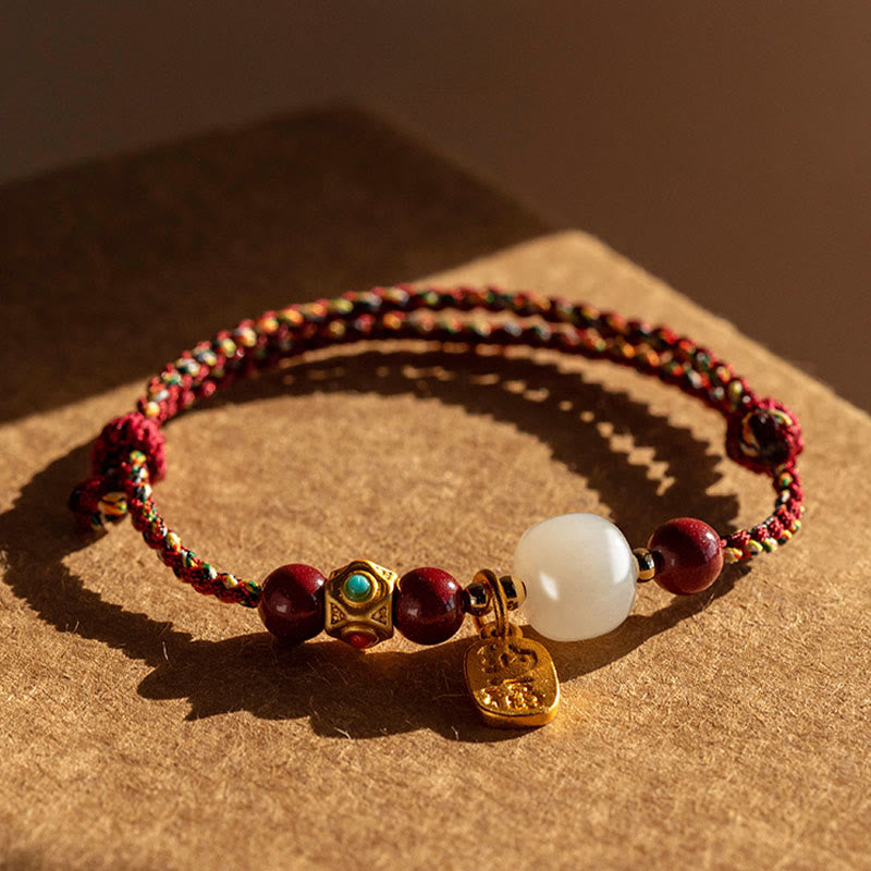 Buddha Stones Lucky Fortune Charm Hetian Cyan Jade White Jade Multicolored Braided String Prosperity Bracelet