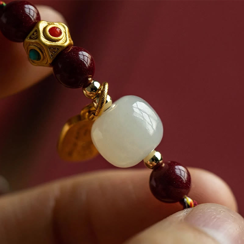 Buddha Stones Lucky Fortune Charm Hetian Cyan Jade White Jade Multicolored Braided String Prosperity Bracelet