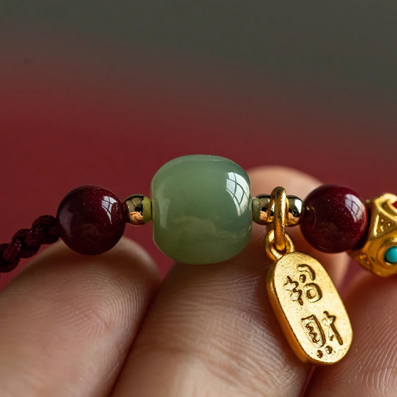 Buddha Stones Lucky Fortune Charm Hetian Cyan Jade White Jade Multicolored Braided String Prosperity Bracelet