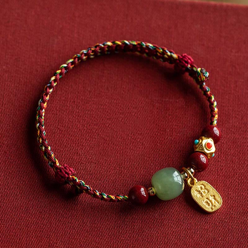 Buddha Stones Lucky Fortune Charm Hetian Cyan Jade White Jade Multicolored Braided String Prosperity Bracelet