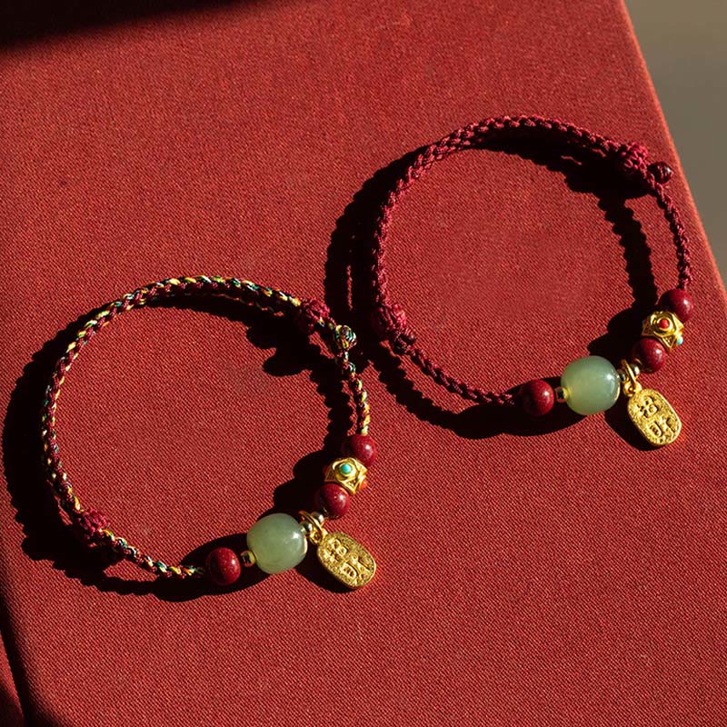 EverestArtstudios Lucky Fortune Charm Hetian Cyan Jade White Jade Multicolored Braided String Prosperity Bracelet