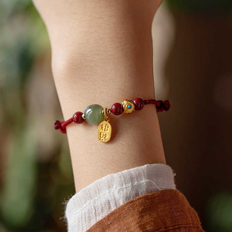 Buddha Stones Lucky Fortune Charm Hetian Cyan Jade White Jade Multicolored Braided String Prosperity Bracelet