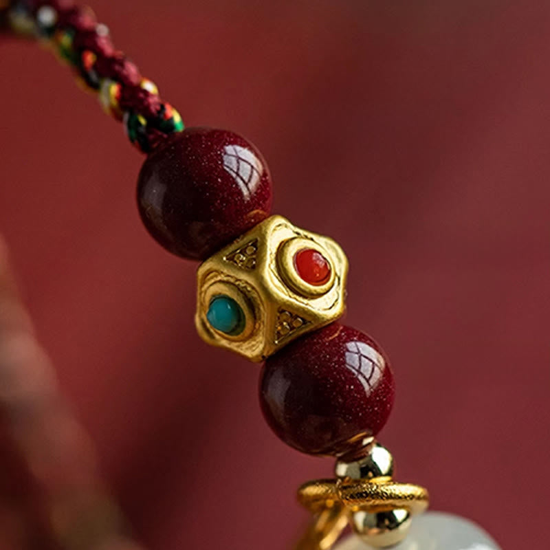 EverestArtstudios Lucky Fortune Charm Hetian Cyan Jade White Jade Multicolored Braided String Prosperity Bracelet
