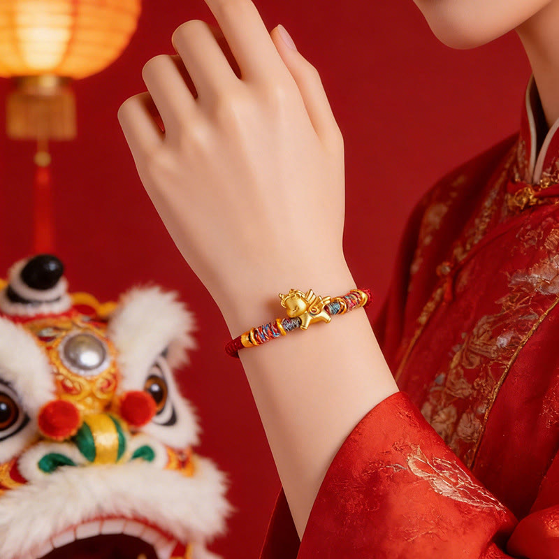 Buddha Stones Year of the Horse 999 Sterling Silver Plated Gold Braided String Rope Protection Bracelet