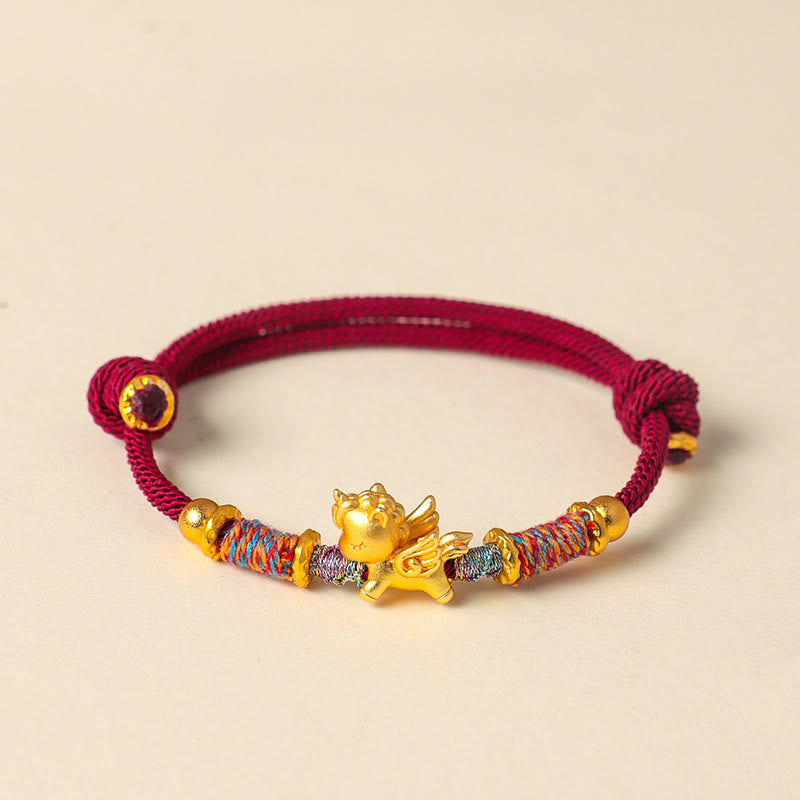 Buddha Stones Year of the Horse 999 Sterling Silver Plated Gold Braided String Rope Protection Bracelet