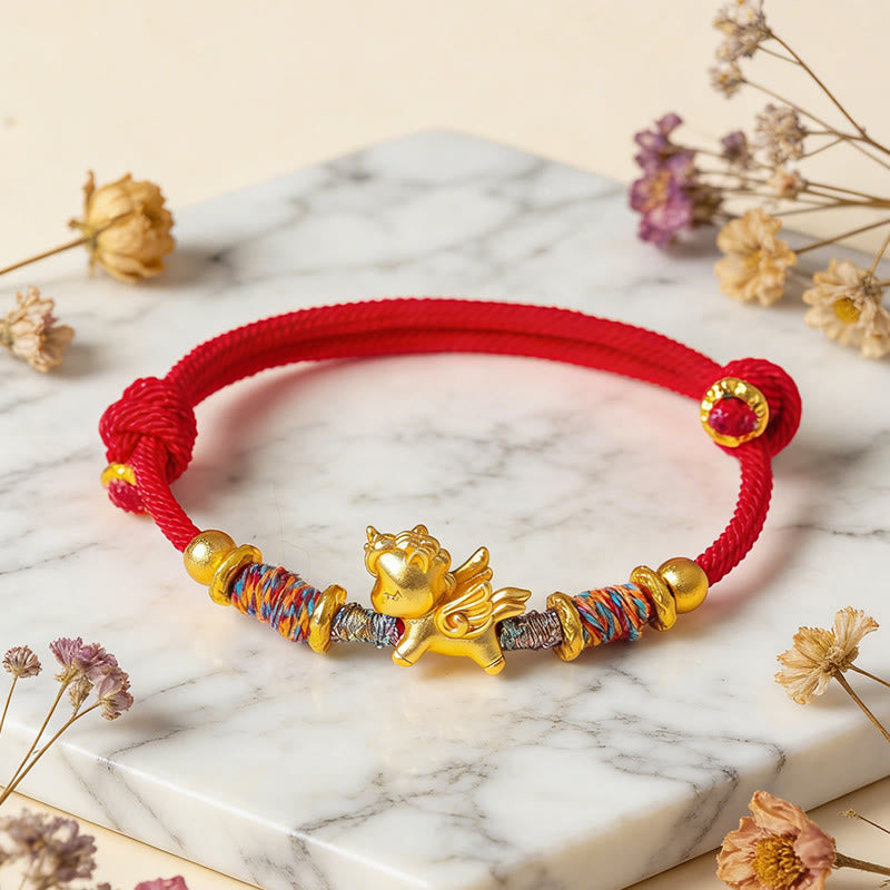 Buddha Stones Year of the Horse 999 Sterling Silver Plated Gold Braided String Rope Protection Bracelet