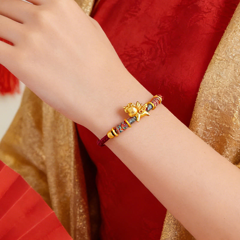 Buddha Stones Year of the Horse 999 Sterling Silver Plated Gold Braided String Rope Protection Bracelet