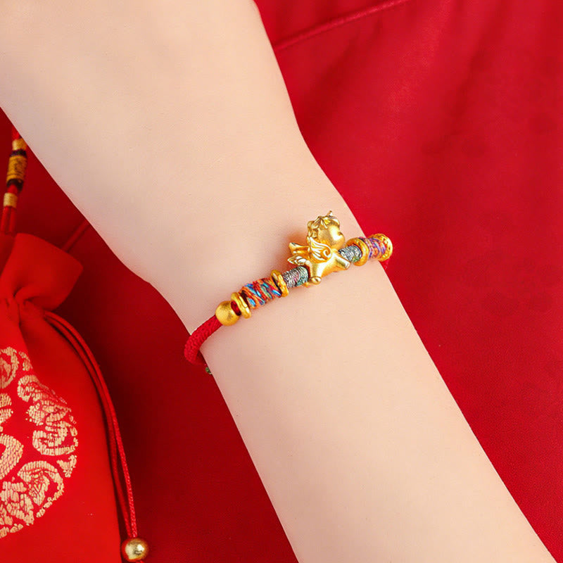 Buddha Stones Year of the Horse 999 Sterling Silver Plated Gold Braided String Rope Protection Bracelet