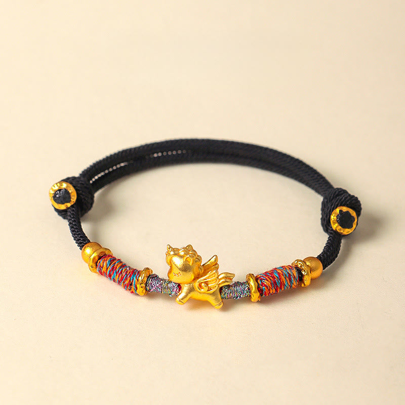 Buddha Stones Year of the Horse 999 Sterling Silver Plated Gold Braided String Rope Protection Bracelet