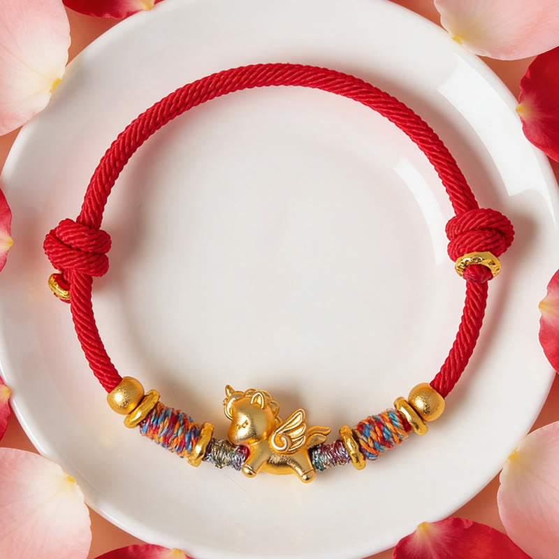 Buddha Stones Year of the Horse 999 Sterling Silver Plated Gold Braided String Rope Protection Bracelet