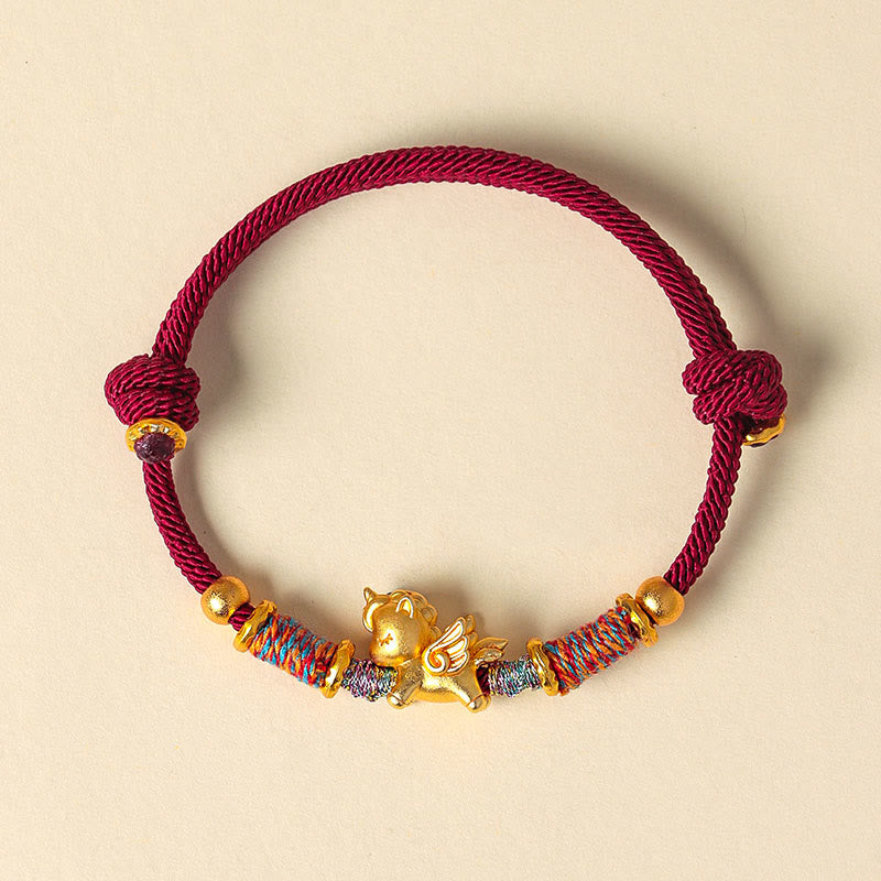 Buddha Stones Year of the Horse 999 Sterling Silver Plated Gold Braided String Rope Protection Bracelet