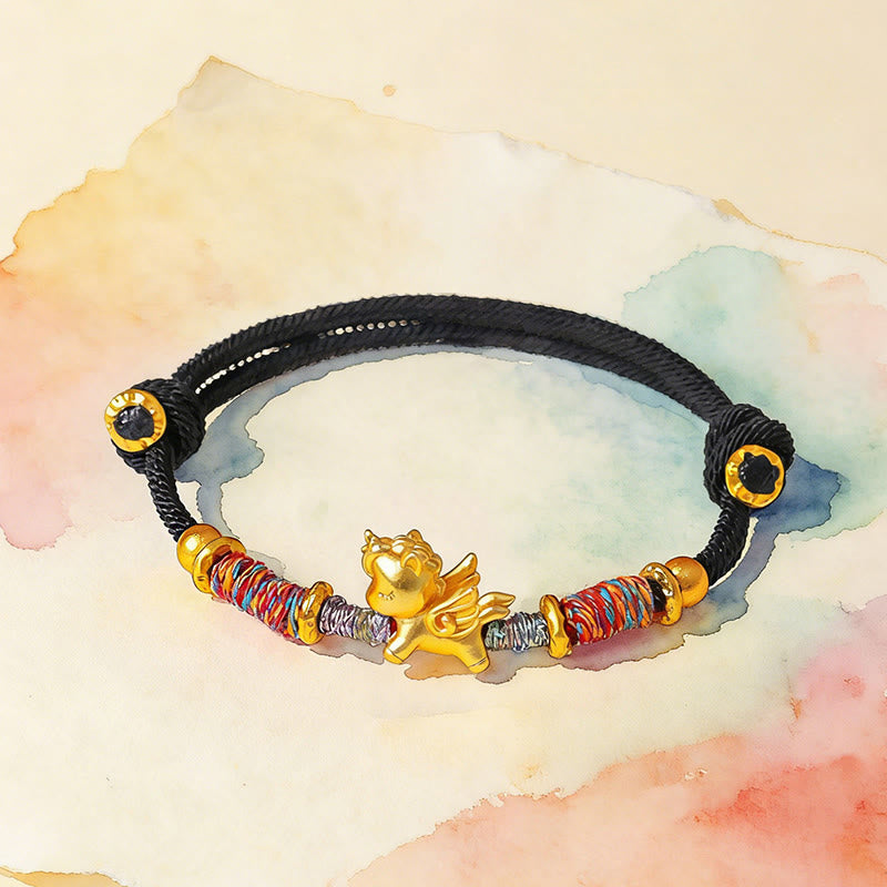Buddha Stones Year of the Horse 999 Sterling Silver Plated Gold Braided String Rope Protection Bracelet