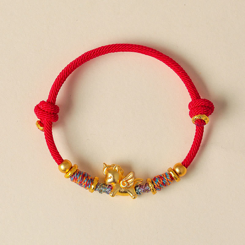 Buddha Stones Year of the Horse 999 Sterling Silver Plated Gold Braided String Rope Protection Bracelet