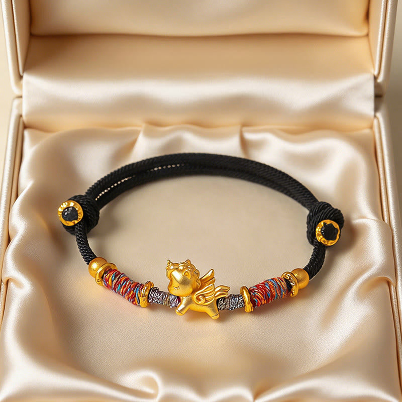 Buddha Stones Year of the Horse 999 Sterling Silver Plated Gold Braided String Rope Protection Bracelet