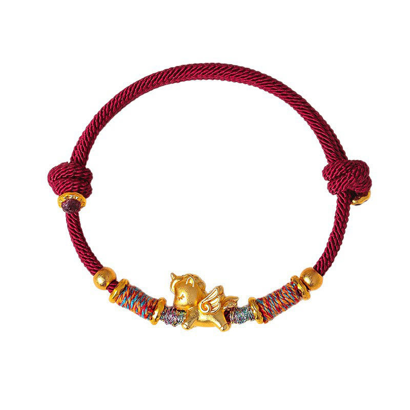 Buddha Stones Year of the Horse 999 Sterling Silver Plated Gold Braided String Rope Protection Bracelet