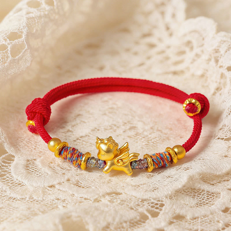 Buddha Stones Year of the Horse 999 Sterling Silver Plated Gold Braided String Rope Protection Bracelet