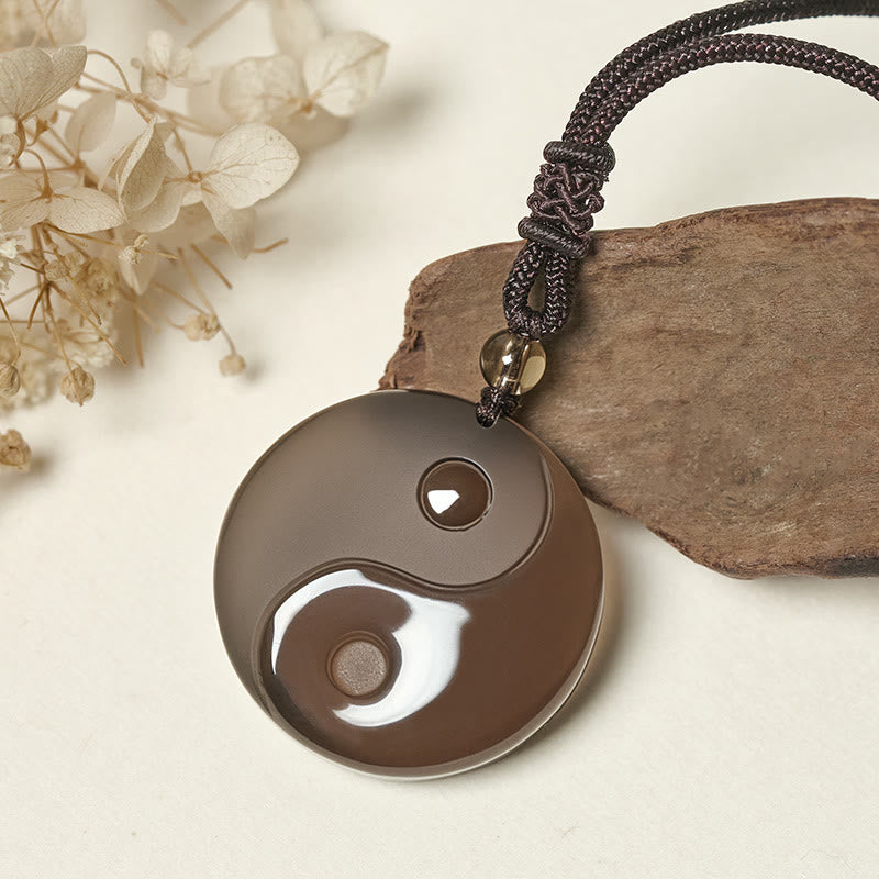 Buddha Stones Black Obsidian Taoism Five Sacred Mountains Nine-Character Mantra Carved Purification Yin Yang Necklace Pendant