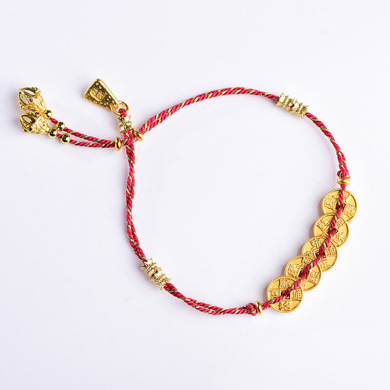 Buddha Stones Five-Emperor Coins Copper Balance Hand-Woven String Bracelet