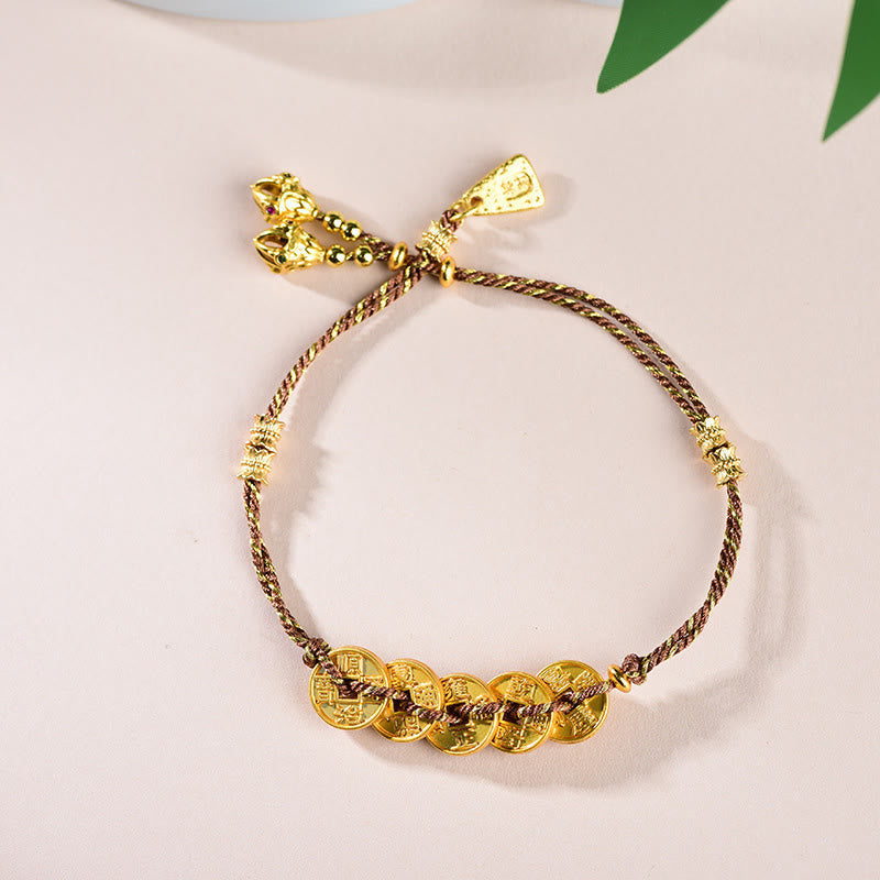 Buddha Stones Five-Emperor Coins Copper Balance Hand-Woven String Bracelet