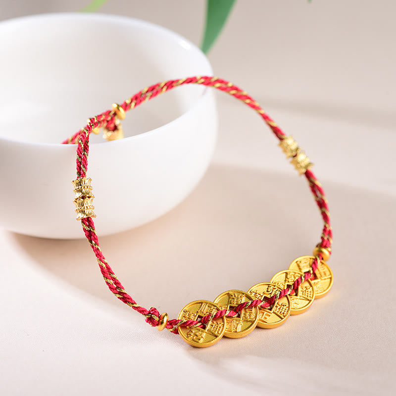Buddha Stones Five-Emperor Coins Copper Balance Hand-Woven String Bracelet
