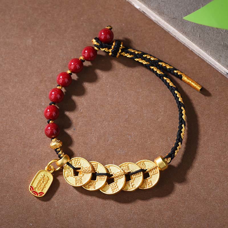 Buddha Stones Five-Emperor Coins Copper Amethyst Cinnabar Black Red String Balance Attract Fortune Bracelet