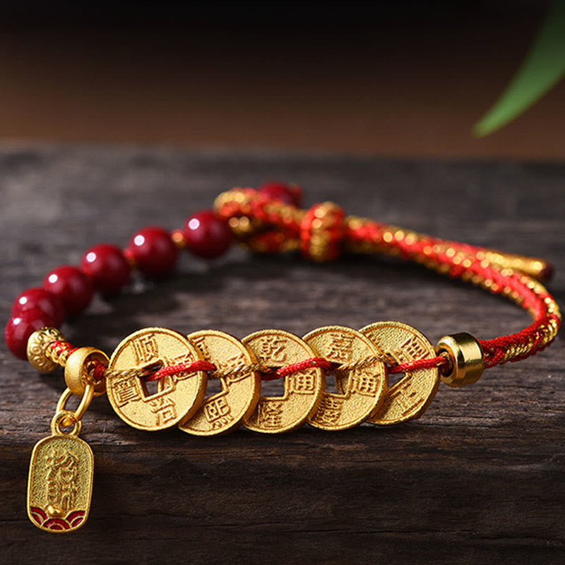 Buddha Stones Five-Emperor Coins Copper Amethyst Cinnabar Black Red String Balance Attract Fortune Bracelet