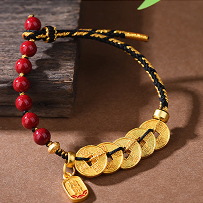 Buddha Stones Five-Emperor Coins Copper Amethyst Cinnabar Black Red String Balance Attract Fortune Bracelet