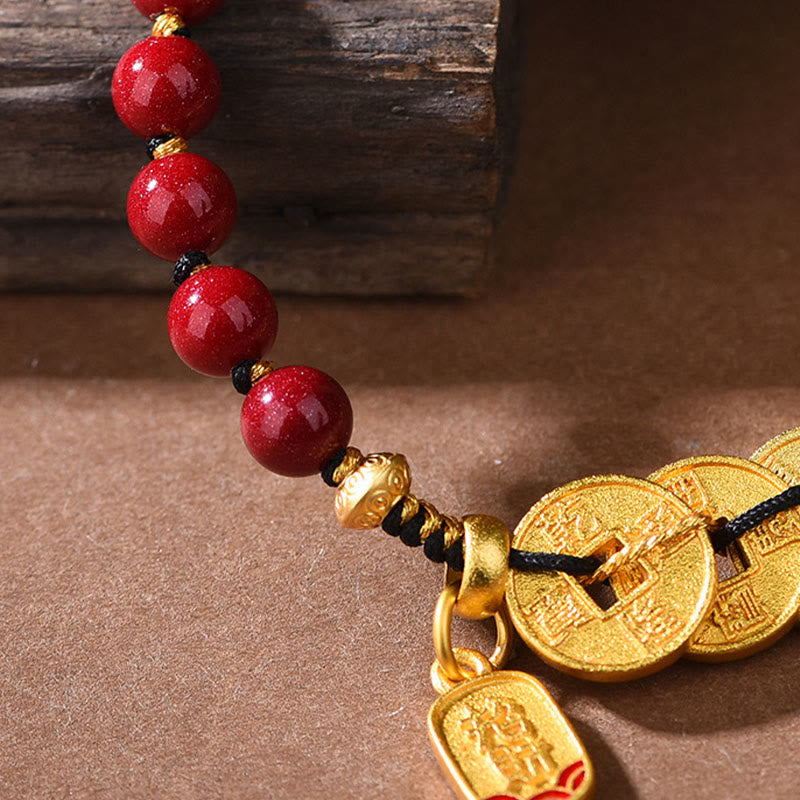 Buddha Stones Five-Emperor Coins Copper Amethyst Cinnabar Black Red String Balance Attract Fortune Bracelet