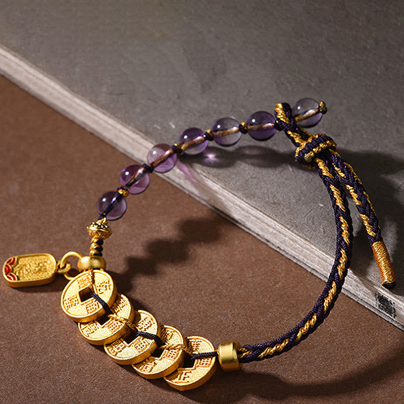 Buddha Stones Five-Emperor Coins Copper Amethyst Cinnabar Black Red String Balance Attract Fortune Bracelet