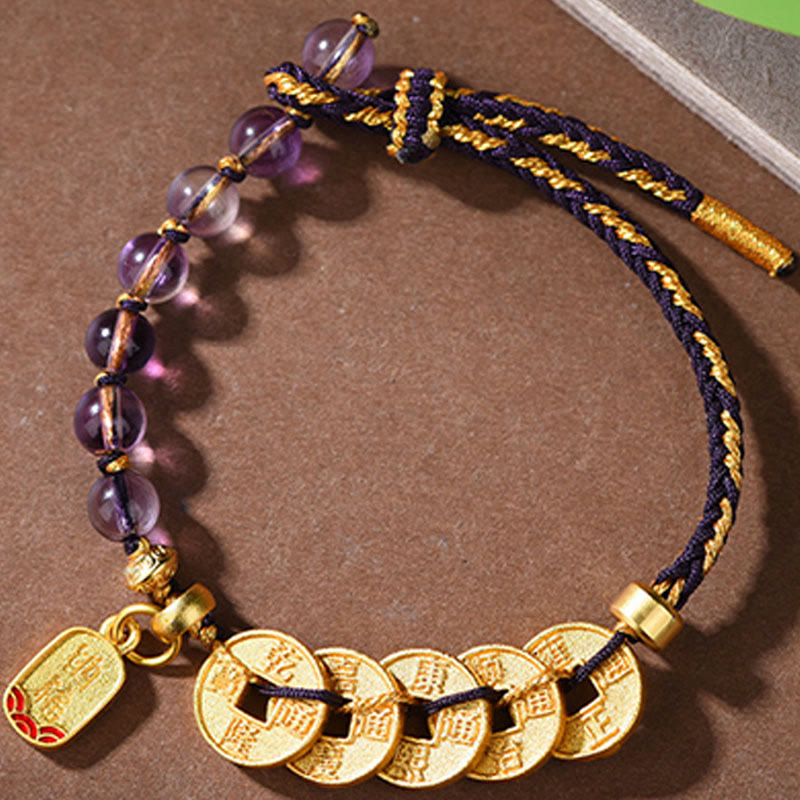 Buddha Stones Five-Emperor Coins Copper Amethyst Cinnabar Black Red String Balance Attract Fortune Bracelet
