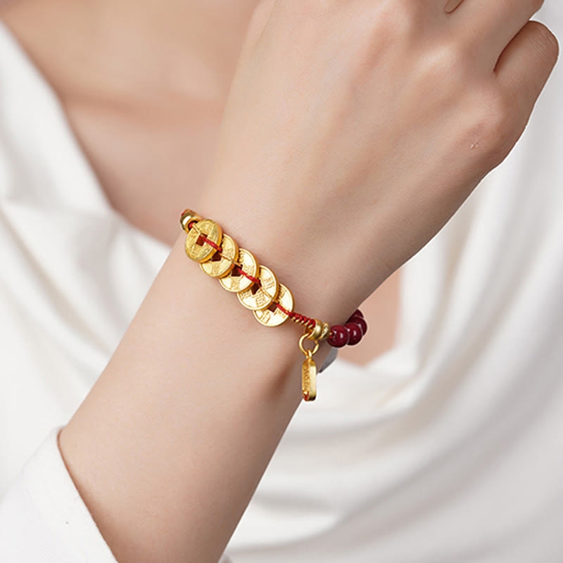 Buddha Stones Five-Emperor Coins Copper Amethyst Cinnabar Black Red String Balance Attract Fortune Bracelet